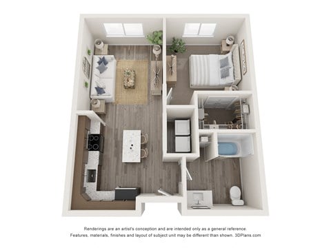 Floor plan for 1 bed, 1 bath, 655 sqft